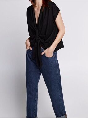 Zara Knotted Drapey Dressy Blouse Black Loose Fit Top Shirt Small